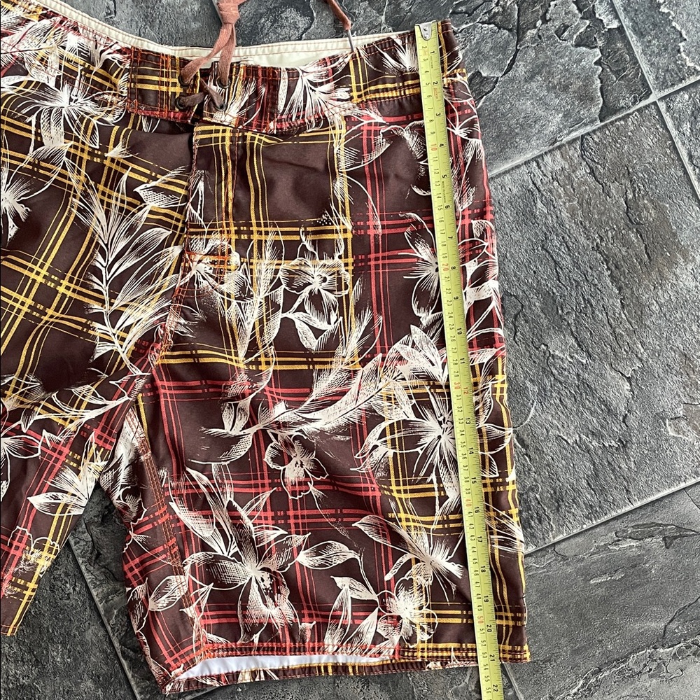 HONOLUA Men’s Floral Plaid Brown Lace-Front Sporty Swim Beach Pool Board Shorts - Picture 8 of 11